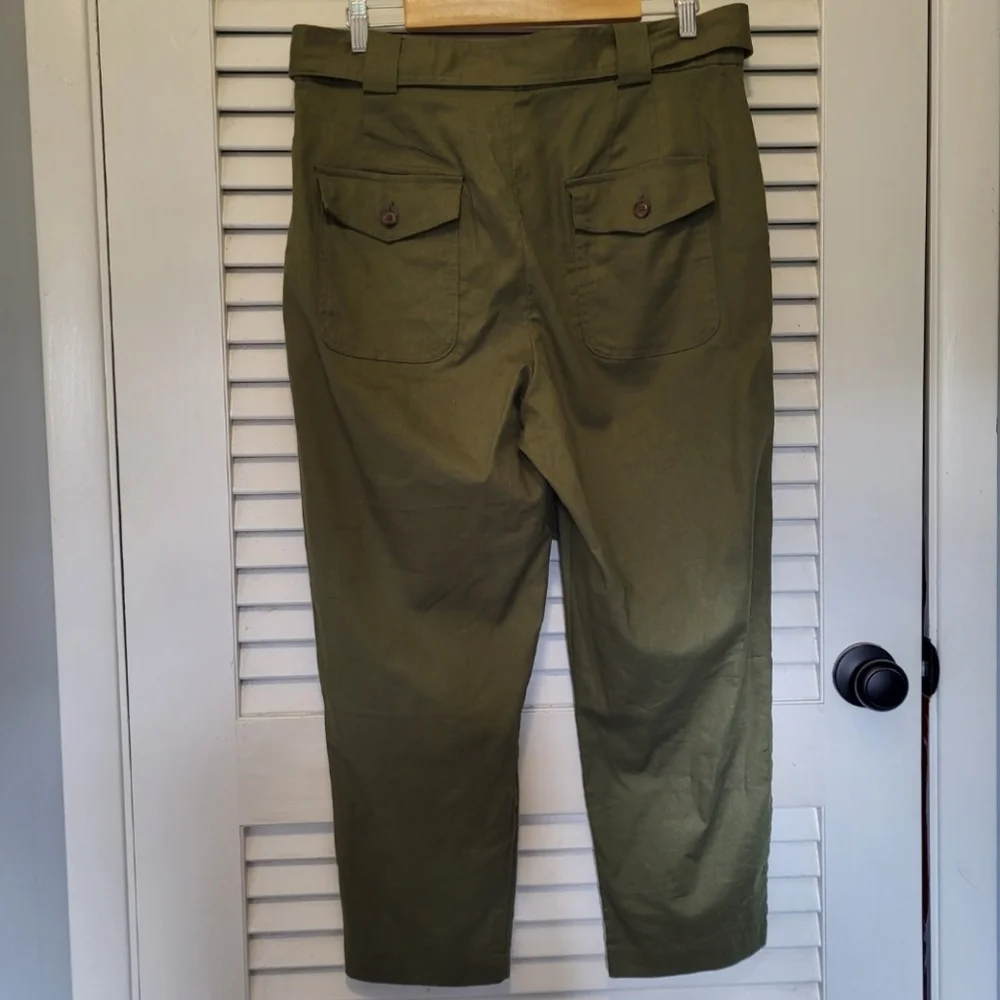 Banana Republic women's linen trouser pant 12 Petite olive green tie belt NWT